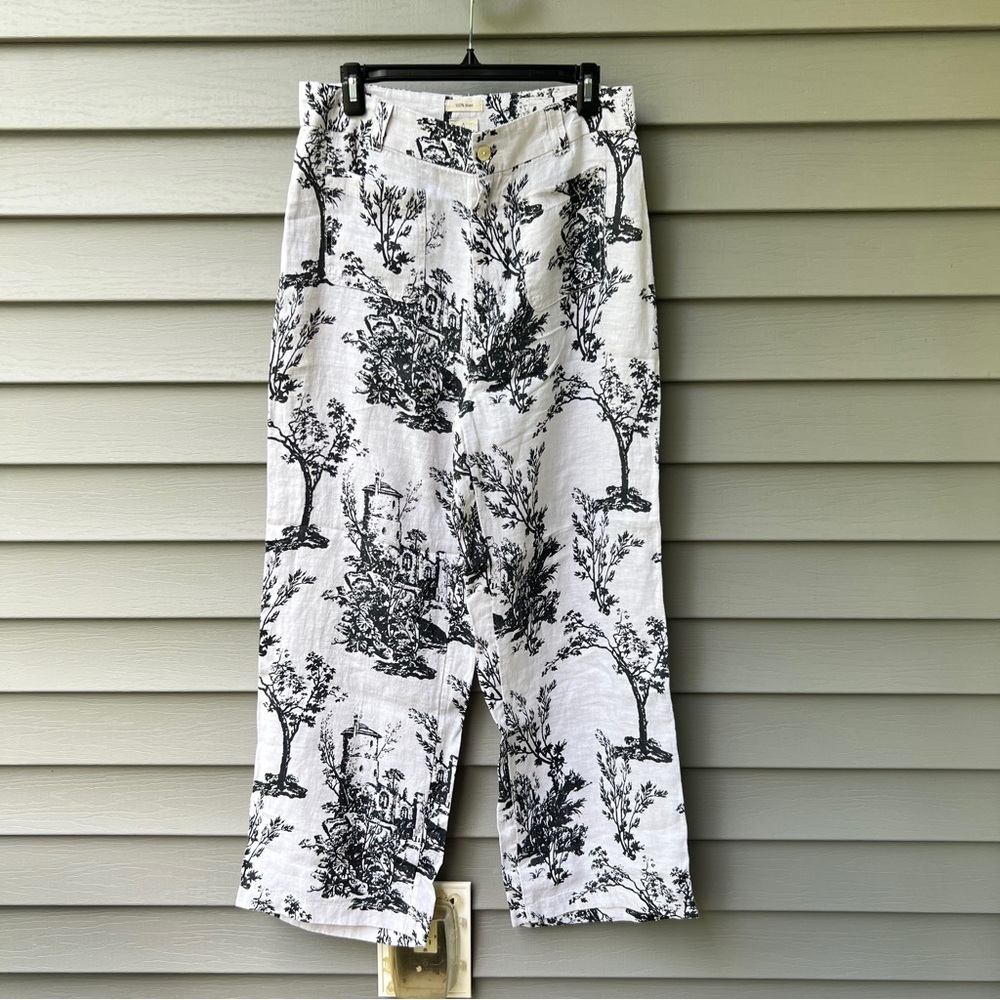 Joie Linen Wide Leg Pants Size 6 High Rise Toile Print Patch Pockets